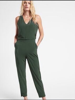 Athleta Brooklyn Jumpsuit Seaweed Green  Jumper Summer Light Breathable v neck